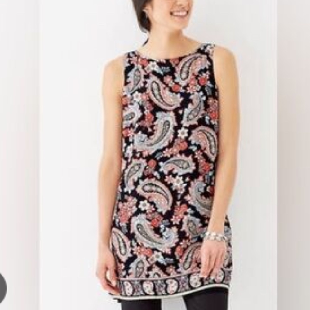 J.Jill Black Multicolor Flyaway Back Boho Sleeveless Floral Paisley Tunic Top M